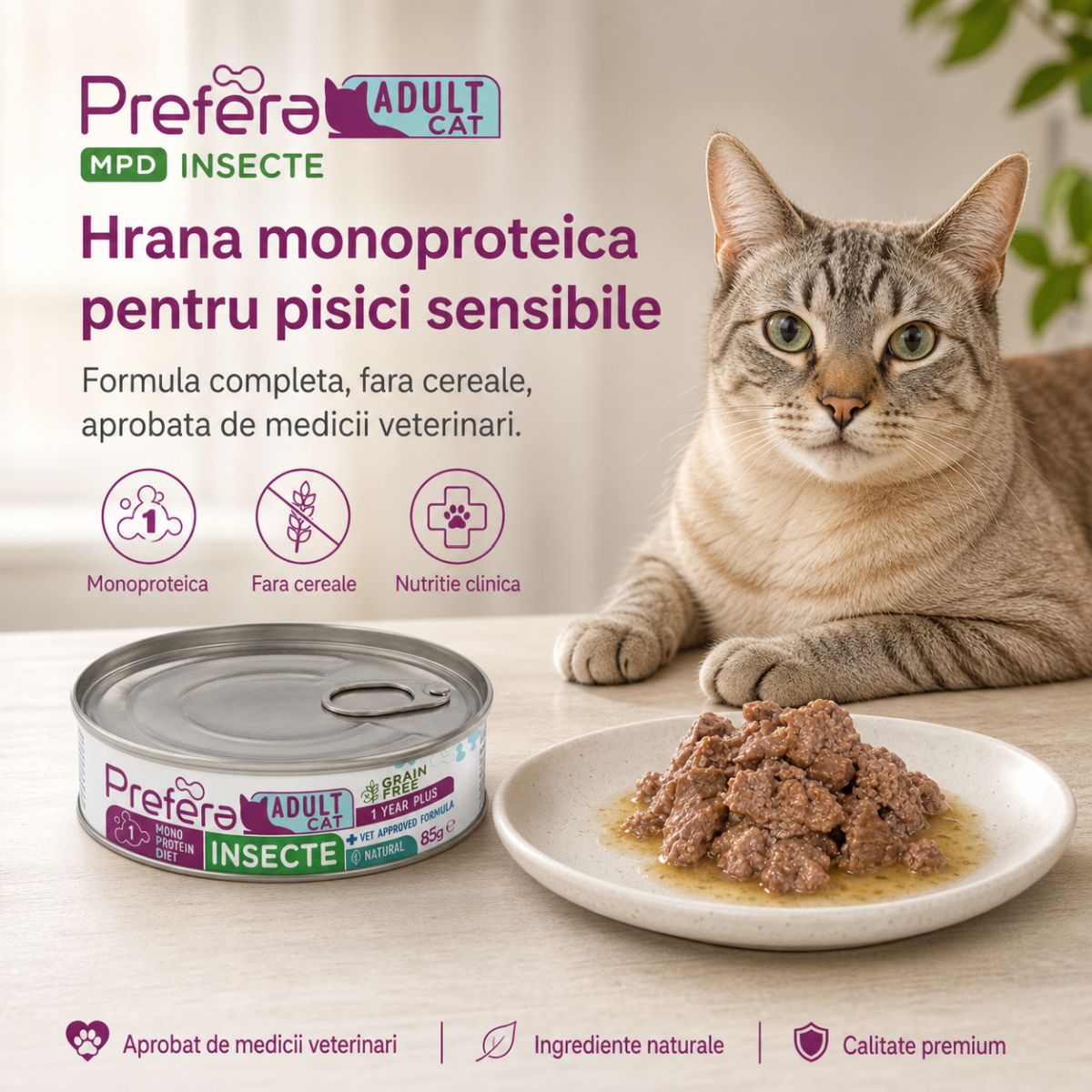 PREFERA MPD, Insecte, dietă veterinară, conservă hrană umedă monoproteică fără cereale pisici, (în suc propriu), 85g - imagine 4
